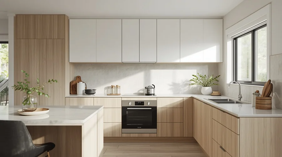 Budget kitchen renovation — new doors benchtop and splashback without layout changes