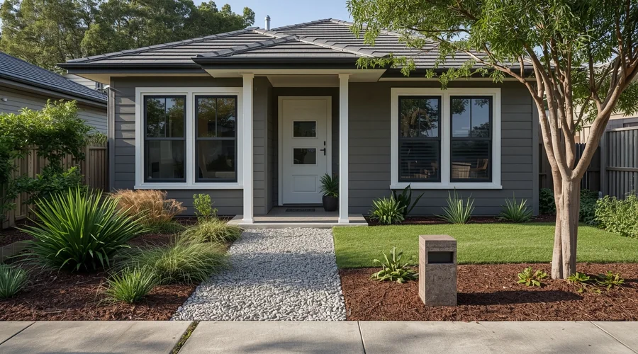 Small front yard design — hard landscaping replacing high-maintenance lawn