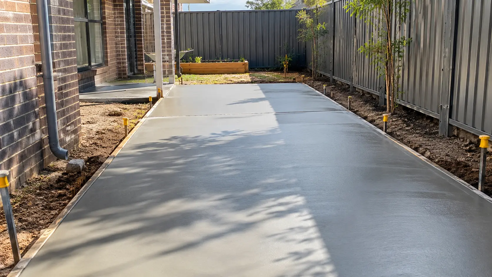 Freshly poured concrete slab in a Melbourne backyard