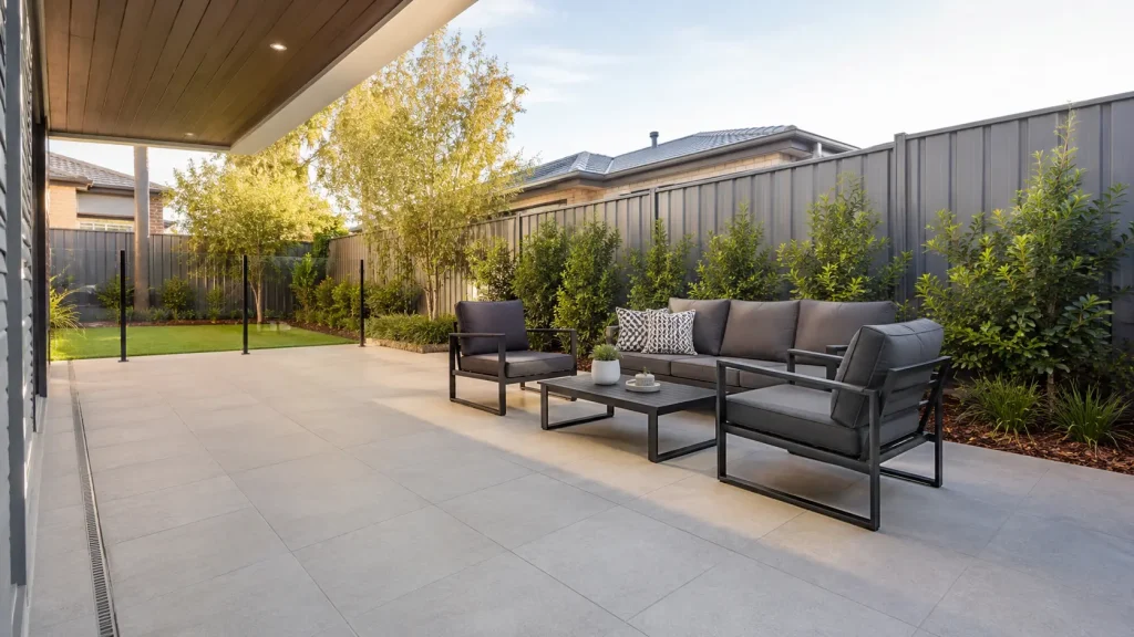 Outdoor tiled patio area in a Melbourne backyard
