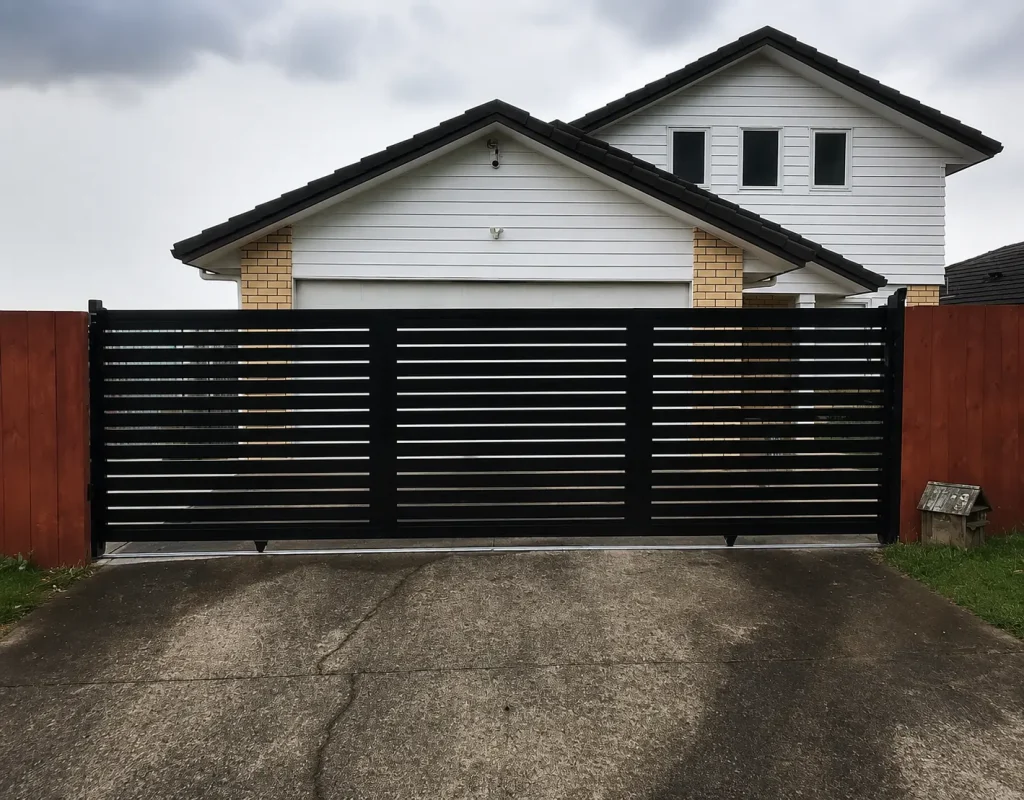 Completed black horizontal slat aluminium sliding gate with automation in Truganina